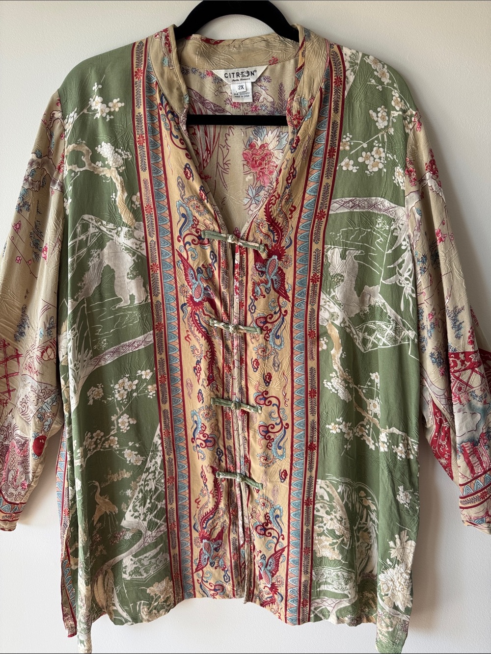Citron Olive, Tan & Red Silk Printed Tunic  Over Layer Jacket Art to Wear